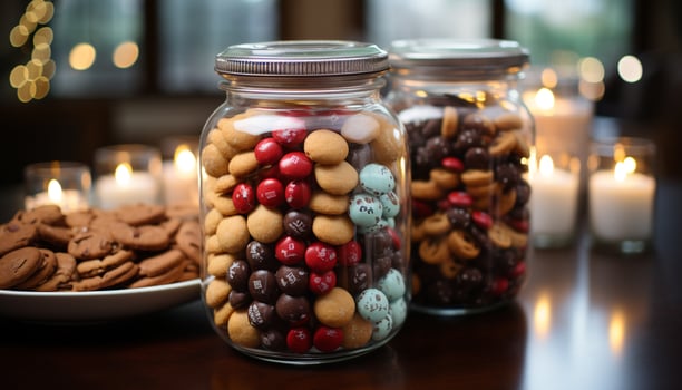 AI generated Gourmet dessert, chocolate cookie, candy jar, homemade snack generated by AI photo