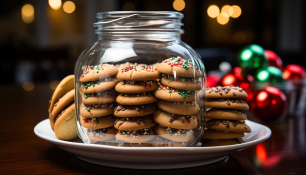 AI generated Homemade chocolate chip cookies on rustic wooden table generated by AI photo