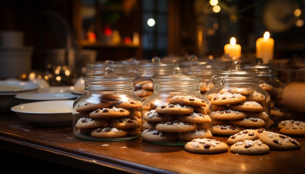 AI generated Homemade chocolate chip cookies on rustic wooden table generated by AI photo