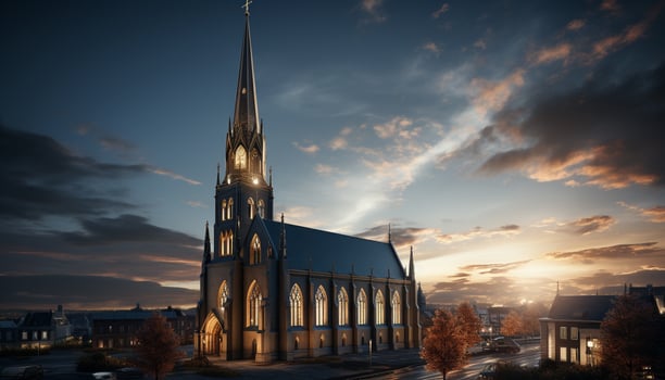 AI generated Gothic chapel illuminated by majestic sunset sky generated by AI photo