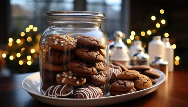 AI generated Homemade chocolate chip cookies on rustic wooden table generated by AI photo