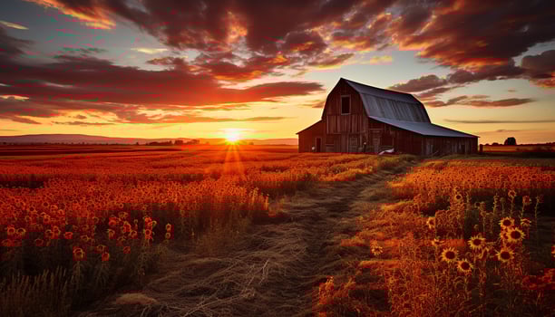 AI generated Tranquil scene of a rustic farm at sunset generated by AI photo