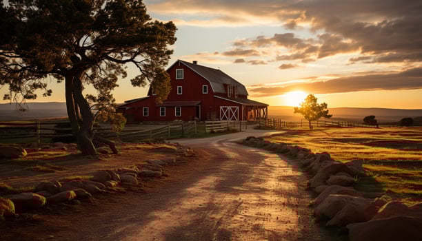 AI generated Sunset over a rural farm, nature tranquil beauty generated by AI photo