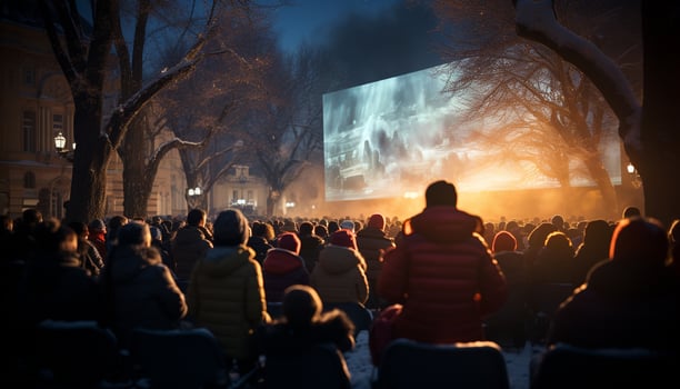 AI generated Silhouettes celebrate winter night, illuminated by bonfire generated by AI photo
