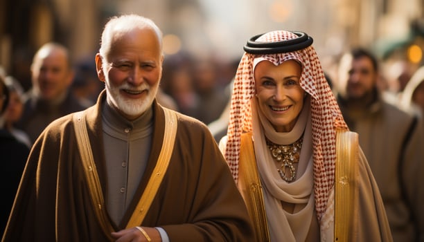 AI generated Smiling adults in traditional clothing, looking at camera generated by AI photo