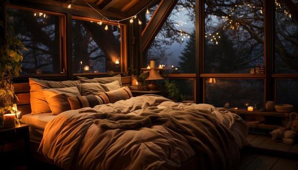 AI generated Cozy bedroom with illuminated window, comfortable bed generated by AI photo