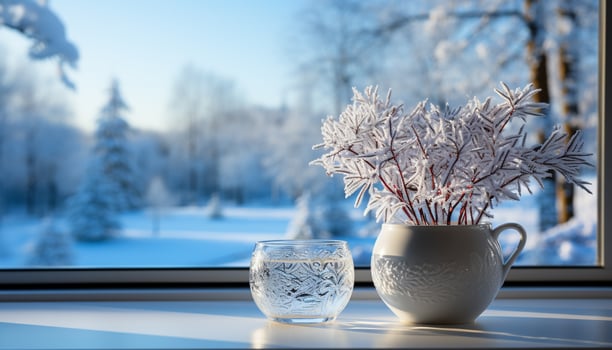AI generated Winter beauty in nature snow covered tree, frosty window generated by AI photo