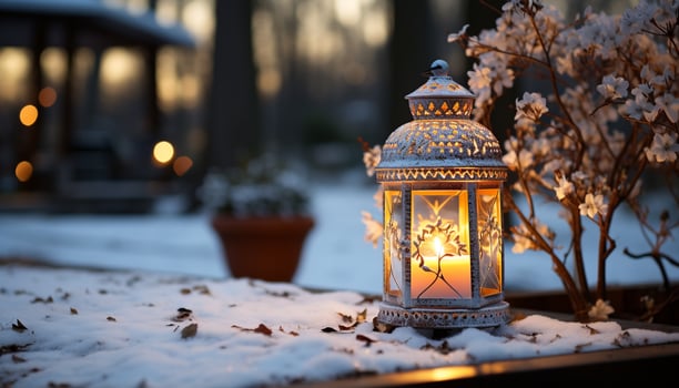 AI generated Winter night, lantern glows, snow decorates the outdoors generated by AI photo