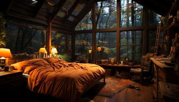 AI generated Comfortable modern bedroom with elegant wood flooring generated by AI photo