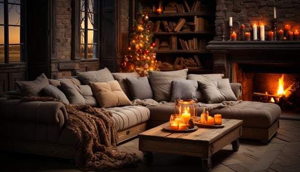 AI generated Cozy living room with illuminated candle and fireplace generated by AI photo
