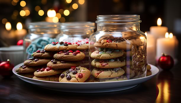 AI generated Homemade chocolate chip cookies on rustic wooden table generated by AI photo