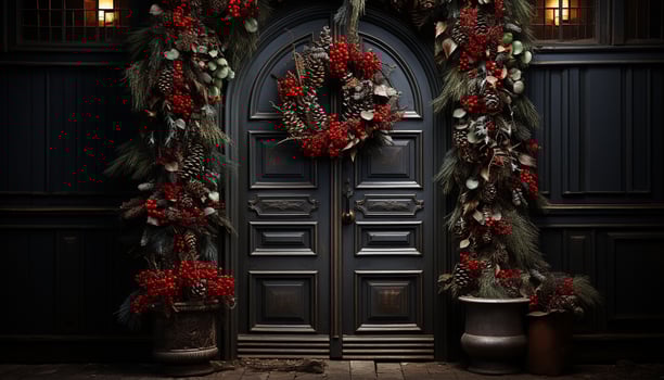 AI generated Winter wreath on rustic wooden door, celebrating nature generated by AI photo