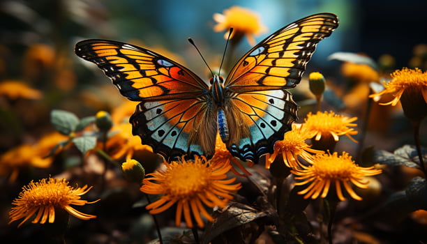 AI generated Vibrant colored butterfly flying in nature beauty generated by AI photo