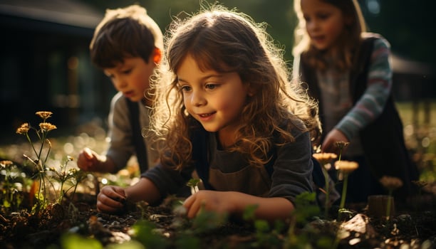 AI generated Smiling girls enjoying nature, planting flowers together generated by AI photo