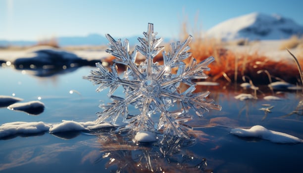 AI generated Winter beauty reflected in frozen water and snow generated by AI photo