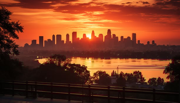 AI generated City skyline at dusk, reflecting in tranquil waters generated by AI photo
