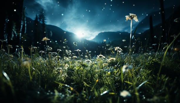 AI generated Landscape of meadow, flowers, and mountains in summer generated by AI photo