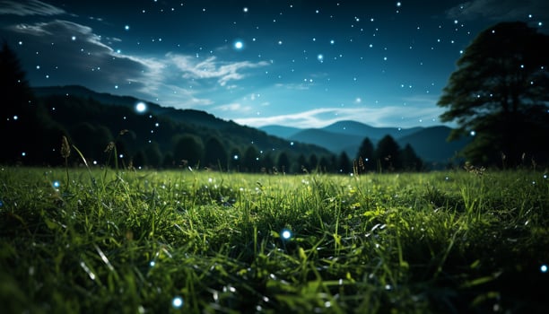 AI generated Green meadow, tree, mountain, sky, illuminated by sunlight generated by AI photo