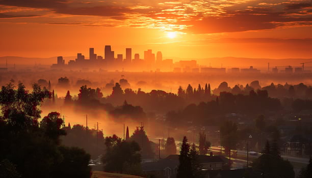 AI generated Silhouette of city skyline at dusk, backlit by sunset generated by AI photo