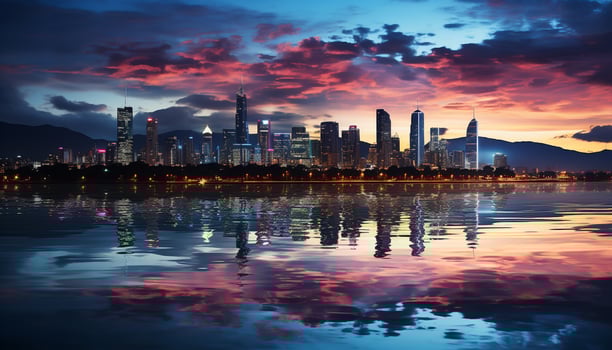 AI generated City skyline reflects in water at dusk generated by AI photo
