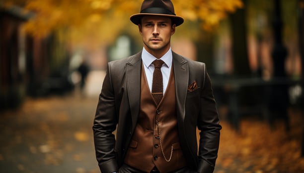 AI generated Confident businessman in suit, standing outdoors, looking at camera generated by AI photo