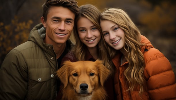 AI generated Smiling women embracing dog, enjoying autumn outdoors generated by AI photo