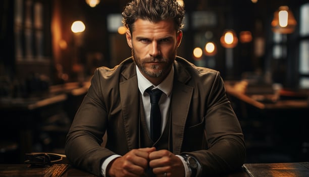 AI generated Confident businessman sitting, looking at camera, indoors generated by AI photo