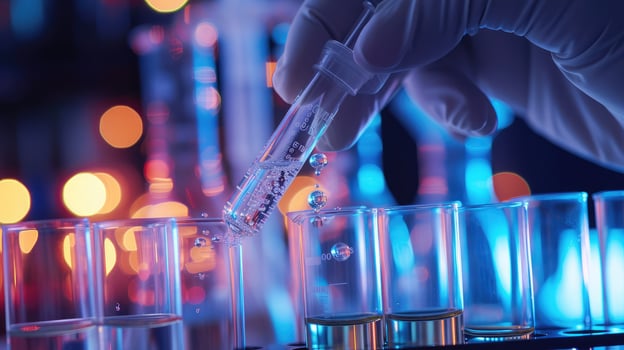 AI generated scientist hand dropping chemical liquid into test tube, science research and development concept photo