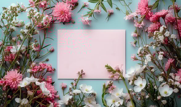 AI generated spring mockup copy space on colorful flowers. spring flat lay photo