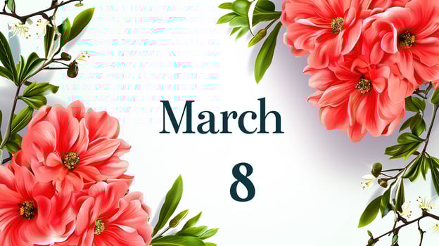 AI generated March 8. Background with decorated coral flowers rhinestones. Spring floral banner on a white background for March 8th. photorealistic digital illustration. photo
