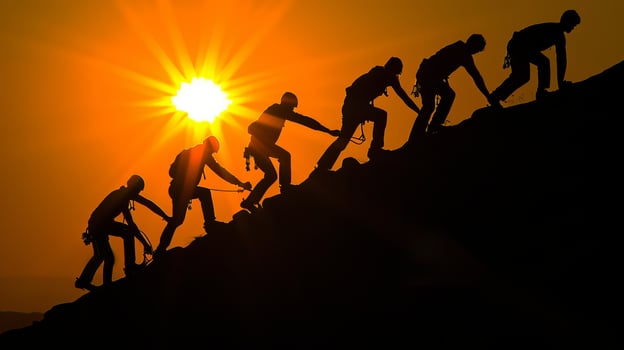 AI generated Determined friends climbing together to reach the summit of the mountain as a team photo