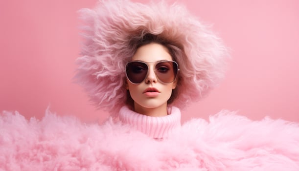 AI generated Abstract fantasy girl wearing colorful fluffy fur stole around her neck and sunglasses. Light form Studio lighting on pink background. photo