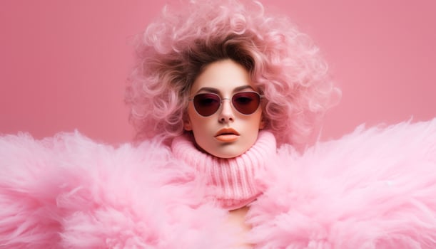 AI generated Abstract fantasy girl wearing colorful fluffy fur stole around her neck and sunglasses. Light form Studio lighting on pink background. photo
