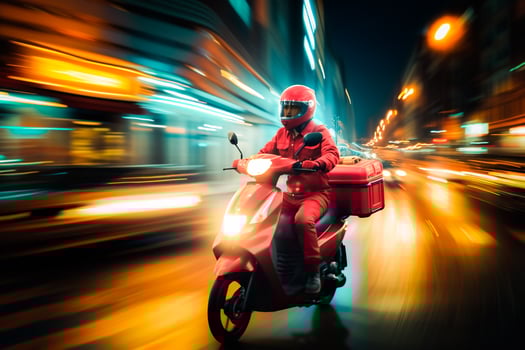 AI generated Food Delivery man ride motorcycle on the road at night , deliver parcel to customer at night with light trail . photo