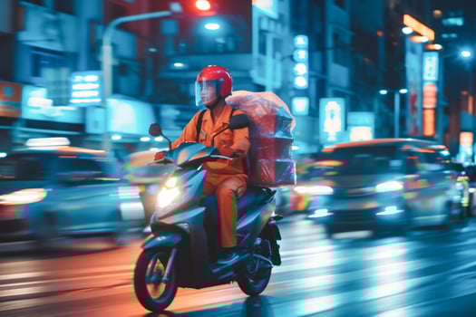 AI generated Food Delivery man ride motorcycle on the road at night , deliver parcel to customer at night with light trail . photo