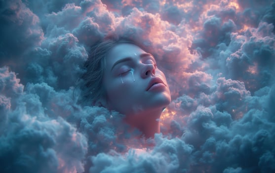 AI generated Face with dark sky-blue and light magenta clouds surrounding his face photo