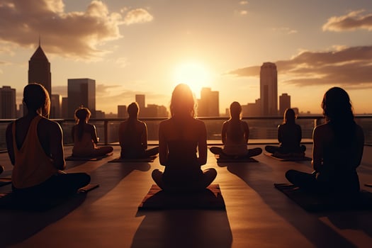 AI generated Group yoga class on the roof of a building in the sun. Generated by artificial intelligence photo