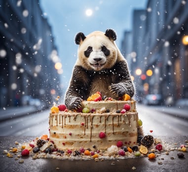 AI generated Cute panda bear sitting on a cake in the city. photo