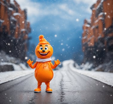 AI generated Funny orange mascot character walking on the road in winter photo