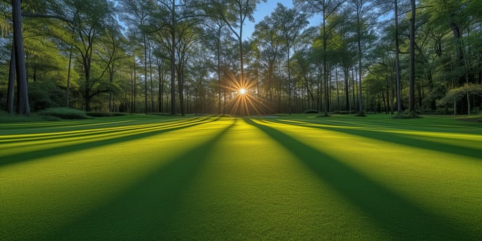 AI generated Sunburst Through Trees at Dawn in Serene Forest Meadow photo