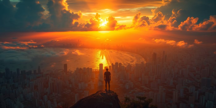 AI generated Person Standing on Top of Mountain at Sunset photo