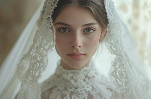 AI generated a bride in a beautiful bouquet in a lace wedding dress photo