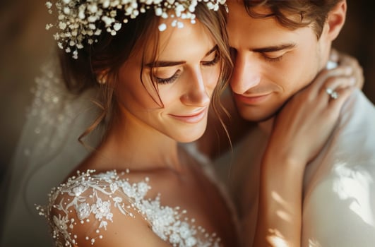 AI generated a couple embracing and one of them holding the hands of the bride photo