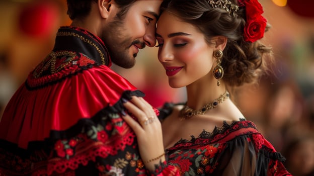 AI generated Beautiful Spanish young couple dancing in national costumes Latin dance photo
