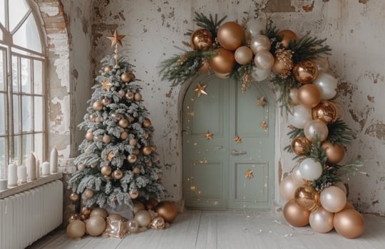 AI generated christening ballon decoration with christmas tree with wreath photo
