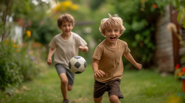 AI generated Two Spanish boys 10 years old play football in the summer garden photo