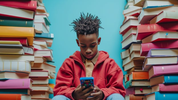 AI generated A schoolboy plays a game on the phone. photo