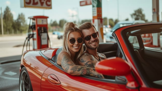 AI generated Beautiful couple with tattoos sitting in a red sports car at a gas station photo