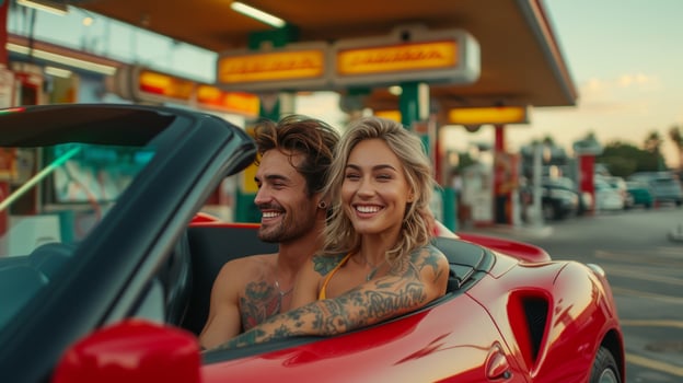 AI generated Beautiful couple with tattoos sitting in a red sports car at a gas station photo