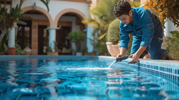 AI generated Handsome young worker in blue uniform cleaning blue swimming pool in classic Spanish Villa photo